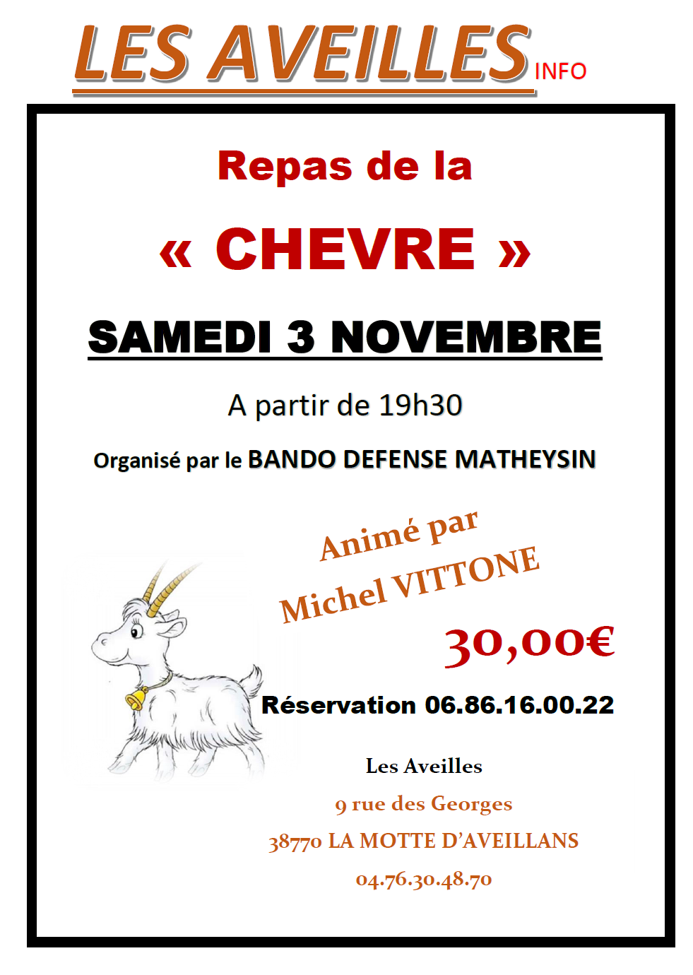 Repas de la chèvre le samedi 3 novembre 2018 aux Aveilles