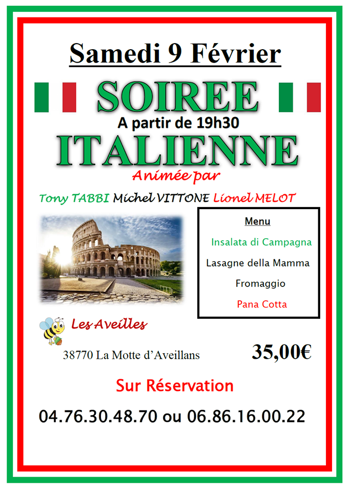 Soirée Italienne le samedi 9 février 2019