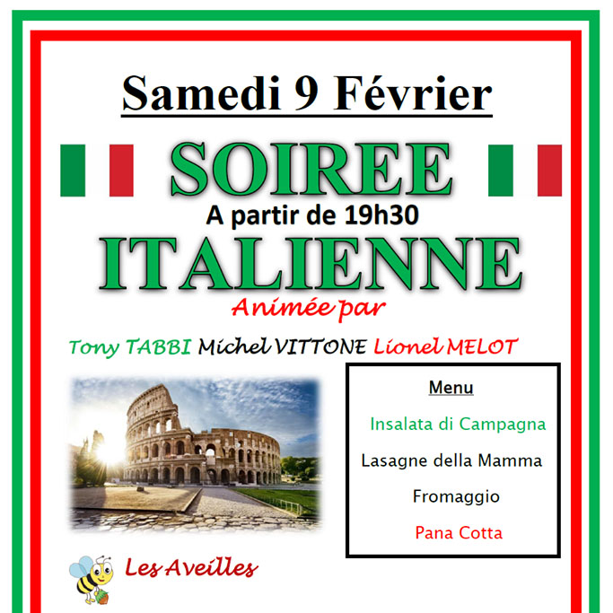 Soirée Italienne le samedi 9 février 2019