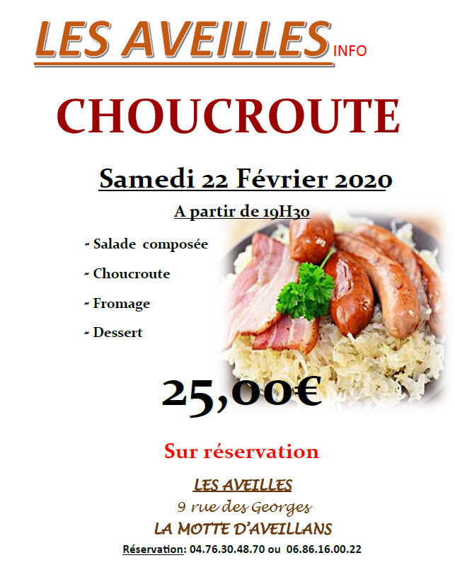 Repas Choucroute le samedi 22 Février 2020